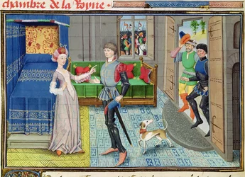 Ms 5072 fol.130v Maugis von Aigremont und Isanne im Schlafzimmer der Königin, aus dem Renaud de Montauban-Zyklus